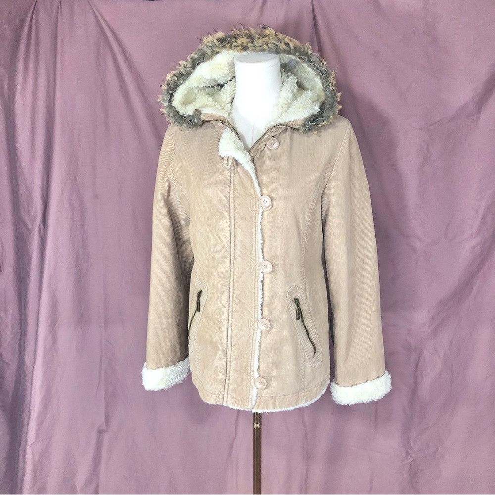 Giacca Beige Faux-Shearling Hooded Teddy Jacket Size Medium Zipper Pockets